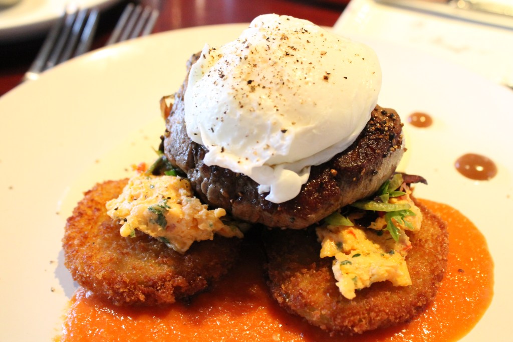 Napolean of beef tenderloin, poached egg on fried green tomatoes