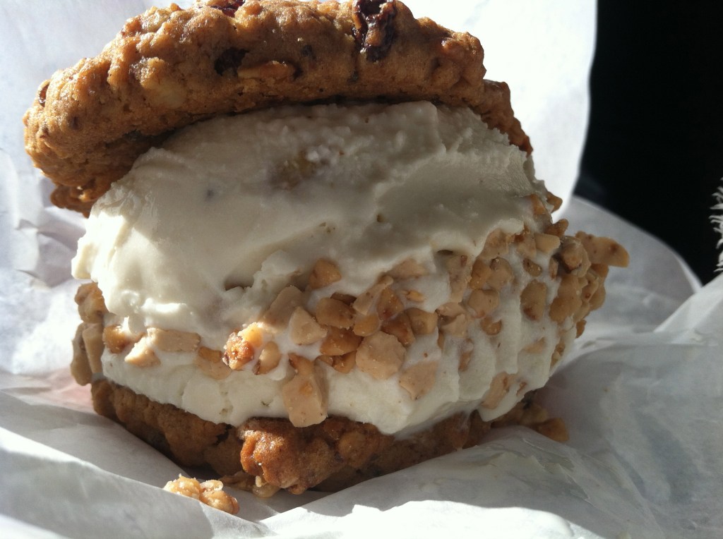 Nutty McCrunch (Oatmeal raisin cookie with butter pecan ice cream and toffee crunch)